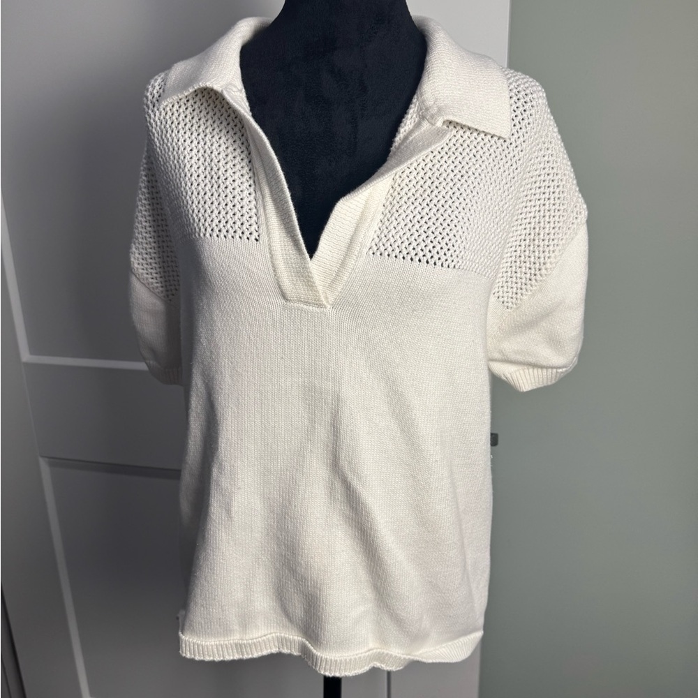 Anthropologie English Factory Sweater Johnny Collar Cream Mixed Media